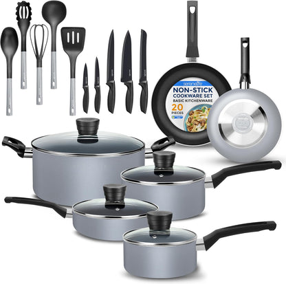Kitchenware Pots & Pans, Basic Kitchen Cookware Set, Black Non-Stick Coating Inside, Heat Resistant Lacquer (20-Piece Set), One Size, Gray1
