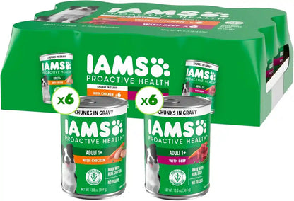 IAMS Proactive Health Pack Wet Dog Food, Beef & Chicken, 13 Oz, 12 Pack | Chunks in Gravy, Omega 6 Fatty Acids, Supports Healthy Skin, Muscles & Digestion, 13 Oz. Cans, No Artificial Flavors1