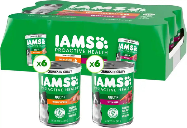 IAMS Proactive Health Pack Wet Dog Food, Beef & Chicken, 13 Oz, 12 Pack | Chunks in Gravy, Omega 6 Fatty Acids, Supports Healthy Skin, Muscles & Digestion, 13 Oz. Cans, No Artificial Flavors1