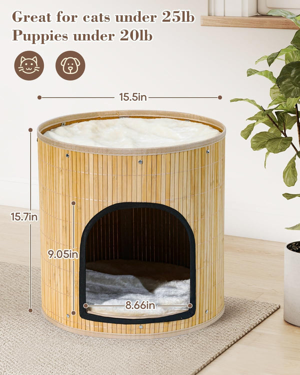 SYANDLVY Large Cat House, Kitten Condo with Bed for Indoor Cats, Portable ﻿ | 2-Tier Foldable Natural Bamboo Cave with Double-Sided Cushion, 15.5"X15.7" Washable Kitten Hideout2