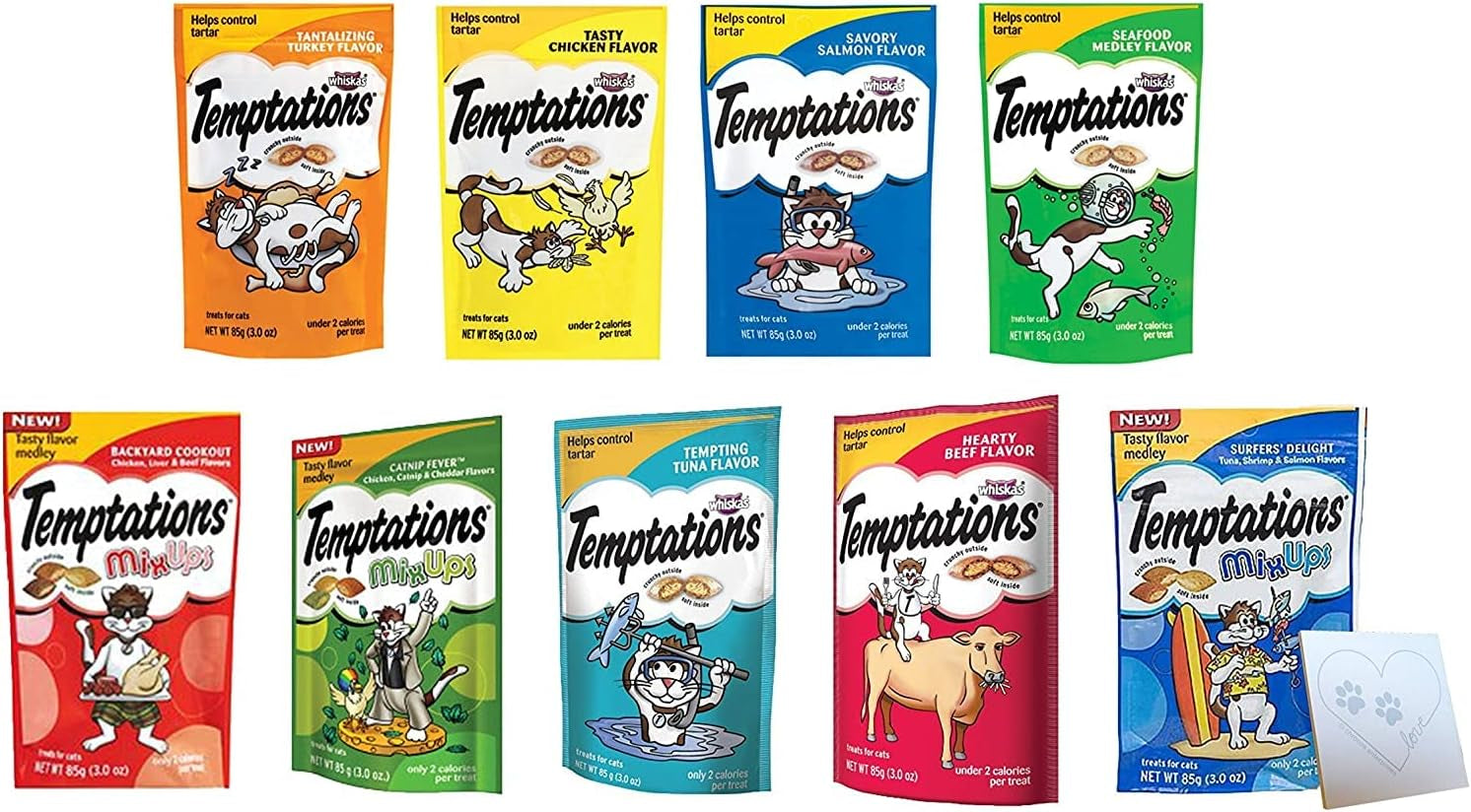 temptations-cat-treats-temptations-huge-variety-pack-all-9-flavors-chicken-medley-turkey-tuna-catnip-fever-beef-surfer-cookout-1-pet-paws-notepad-9-bags-total-3-ounces-each-10-piece-set