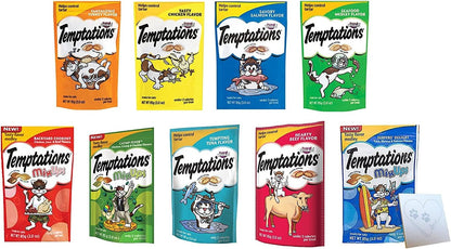 Temptations Cat Treats Temptations Huge Variety Pack, All 9 Flavors: Chicken, Medley, Turkey, Tuna, Catnip Fever, Beef, Surfer, Cookout 1 Pet Paws Notepad (9 Bags Total, 3 Ounces Each), 10 Piece Set1