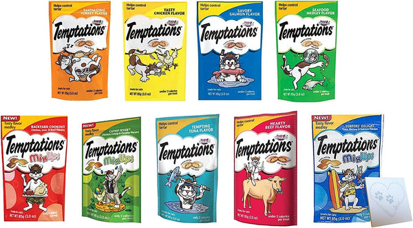 Temptations Cat Treats Temptations Huge Variety Pack, All 9 Flavors: Chicken, Medley, Turkey, Tuna, Catnip Fever, Beef, Surfer, Cookout 1 Pet Paws Notepad (9 Bags Total, 3 Ounces Each), 10 Piece Set1
