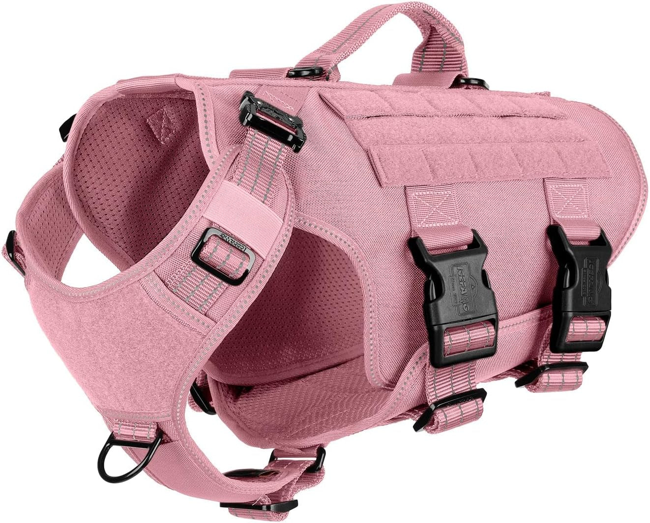 icefang-no-pull-tactical-dog-harness-for-large-dogs-adjustable-dog-vest-control-handle-molle-panel-front-hook-3-leash-clips-soft-padded-for-walking-training-pink-large