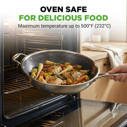 12" Stainless Steel Durable Wok - Triply Kitchenware Wok with Glass Lid, Side Handle - DAKIN Etching Non-Stick Coating, Scratch-Resistant Raised-Up Honeycomb Fire Textured Pattern4