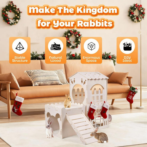 Large Rabbit House, Wooden Bunny Castle with 3 Houses Indoor, Rabbit Guinea Pig Cage Multistory Climbing Tower Sturdy Wooden Castle, Small Animal Hideaway Tunnel4