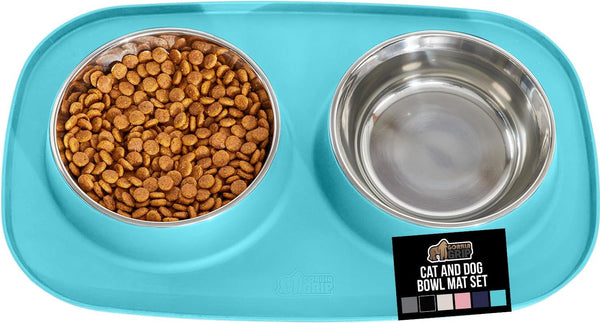 GORILLA GRIP Patented Dog Bowl Set with Slip Resistant Silicone Feeding Mat, Food Grade 304 Stainless Steel Bowls, BPA Free High Edge Spill Containment Dishwasher Safe, Finger Notch Removal 2 Cup Gray10