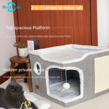 Cat Bed for Indoor Cats,Covered Cat Cave House & Furniture with Scratch Pad,Foldable Cat Hideaway Hut Cute Cat Condo with Soft Washable Mat for Multi Small Pet under 30 Lbs,Light Grey2