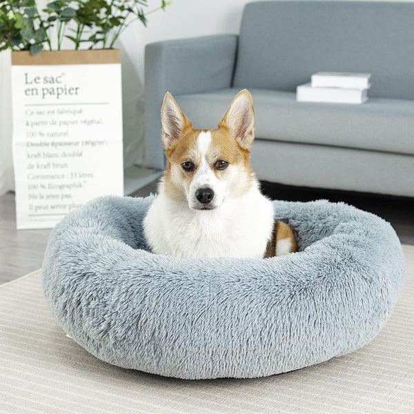 Anti Anxiety round Fluffy Plush Faux Fur Warm Washable Dog Bed & Cat Bed, Original Bed for Small Medium Large Pets,Used to Relieve Joints and Improve Sleep（20"/24"/27''） (24", Light Grey)7