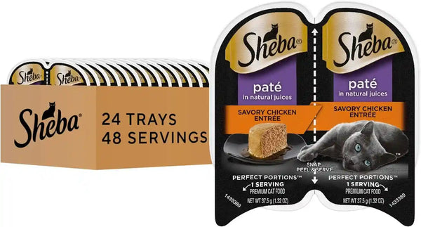 Sheba Perfect Portions Pate Wet Cat Food, Savory Chicken, 2.6 Oz, 24 Ct | Grain-Free, 48 Servings, No Fillers, Made in USA, Real Meat, Complete & Balanced, Essential Vitamins, Twin-Pack Trays1