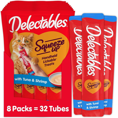 Delectables Squeeze up Creamy Squeezable Puree, Lickable Wet Cat Treats, Grain Free, No Added Fillers, No By-Products, No Added Preservatives, 0.5 Ounces Tuna & Salmon, 32 Tubes Total9