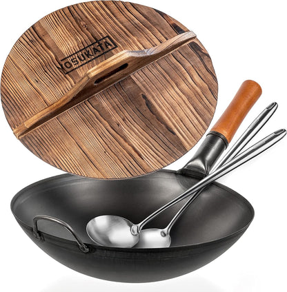 Carbon Steel Wok Pan 14“ + 17’’ Wok Spatula and Ladle + Premium Wok Cover 14 Inch Pan Lid1