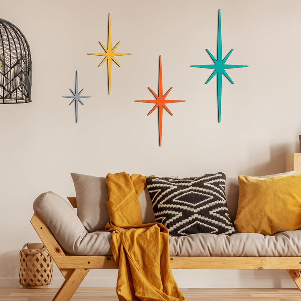4 Pcs Starburst Shaped Wall Decor Mid Century Modern Art,Retro | Cast Iron Whimsical Wall Art Atomic Stars Elegance Accents Vintage Celestial Whimsigoth Hangings for Home Office Room4