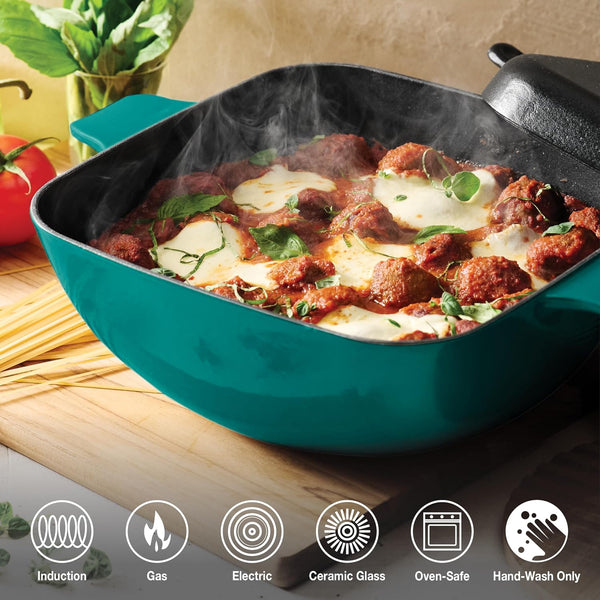 Cultura 2-In-1 Enameled Cast Iron 6.5-Qt Dutch Oven and Griddle | Oven Safe Pot with Reversible Lid Griddle and Trivet - Great for Braising, Roasting and Bread Baking - Teal Green2