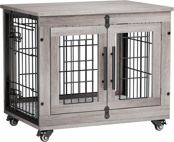 Medium Dog Crate Furniture, 32'' Heavy Duty Kennel W/Cushion & Wheels | Grey, Double Doors, Wooden Dog Cage, Chew-Resistant, End Table, Decorative, 27"/32"/38"/44" Options, Indoor14