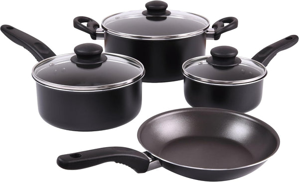 7-Piece Black Non-Stick Aluminum Cookware Set, Even Heat Distribution Pots & Pans Kit with Sauté Pan, Saucepans & Glass Lids for Beginner Home Kitchen Cooking1