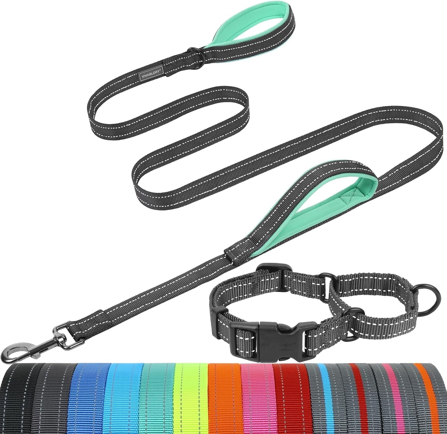 vivaglory-double-handle-dog-leash-twingrip-6ft-x-1in-navy-dog-leash-for-collar-with-traffic-handle-2-loop-for-walking-training-traffic-control-reflective-heavy-duty-puppy-pet
