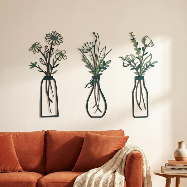 3Pcs Green Metal Flower Vase Wall Art Botanical Iron Farmhouse Decor | 3-Piece Green Metal Flower Vase Wall Art, Botanical Iron Wall Sculpture, Easy to Hang Farmhouse Decor for Living Room Bedroom2