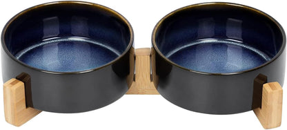 SPUNKYJUNKY Ceramic Dog and Cat Bowl with Wood Stand Non-Slip Matte Glaze Weighted Food Water Set for Cats &Small Dogs 13.5OZ29