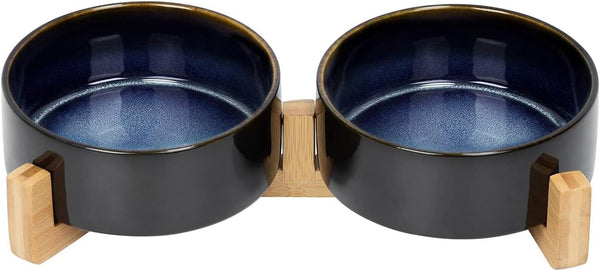 SPUNKYJUNKY Ceramic Dog and Cat Bowl with Wood Stand Non-Slip Matte Glaze Weighted Food Water Set for Cats &Small Dogs 13.5OZ29