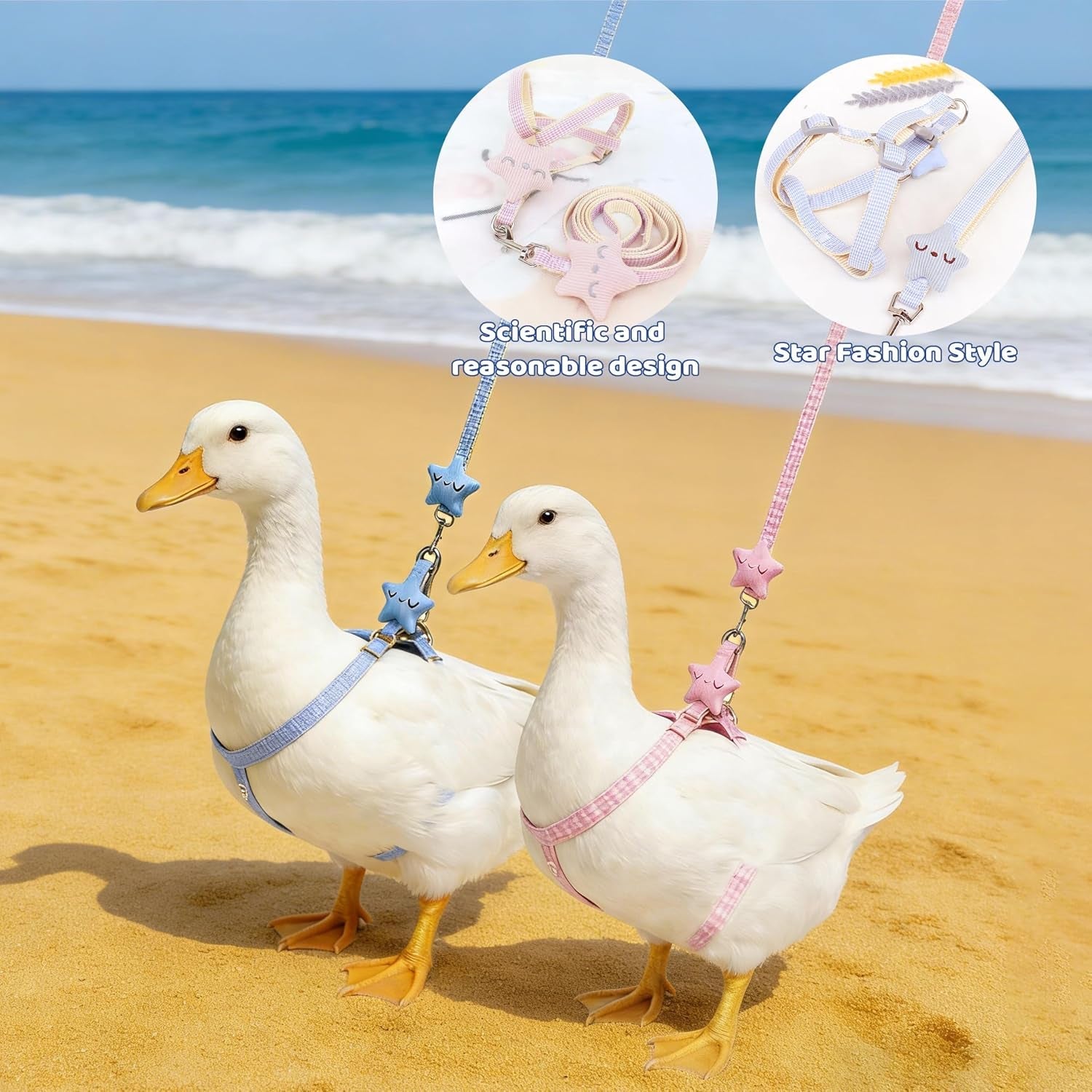 2pcs-adjustable-chicken-harness-and-leash-set-duck-harness-blue-pink-comfortable-duck-harness-and-leash-for-real-ducks-upgraded-easy-to-wear-chicken-vest-goose-traction-rope-with-cute-stars