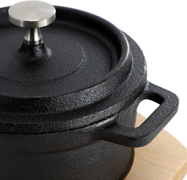 Megachef Cast Iron 8 Ounce Mini Dutch Oven with Wood Tray, Cookware, Bakeware, Serveware (6 Piece)4