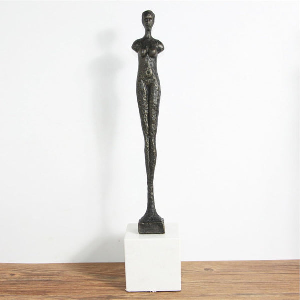 Giacometti Style Standing Man & Woman Abstract Armless Sculpture – Handcrafted Metal Art Statue with Marble Base – Modern Home Decor & Collector’S Gift (18.5" Female Bronze)1