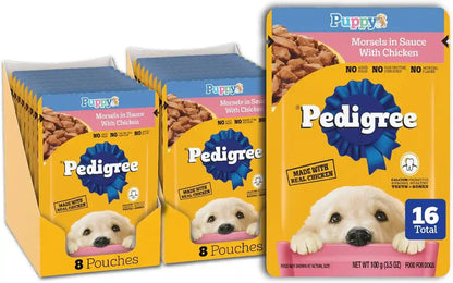 Pedigree Puppy Morsels Wet Dog Food Pouch, Chicken, 3.5 Oz, 16 Count | Steam Cooked, High Quality Animal Protein, DHA Brain Support, Calcium for Teeth & Bones, Topper or Complete Meal1
