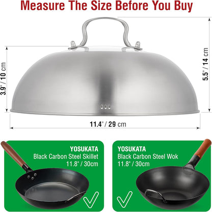 Carbon Steel Wok Pan – 11,8 “ Woks and Stir Fry Pans + Wok Lid 11.4 in - Premium Stainless Wok Cover with Tempered Glass Insert Steam Holes and Ergonomic Handle6