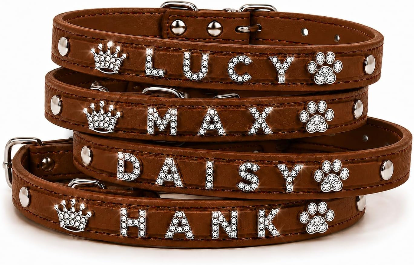 customized-dog-collar-and-leash-set-with-name-rhinestone-letter-pu-leather-collar-adjustable-bling-pet-collar-with-crown-paw-charms-for-dogs-brown