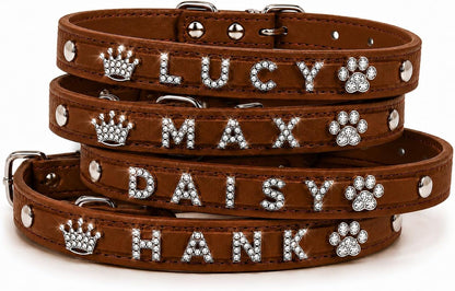Customized Dog Collar and Leash Set with Name, Rhinestone Letter PU Leather Collar, Adjustable Bling Pet Collar with Crown & Paw Charms for Dogs, Brown6