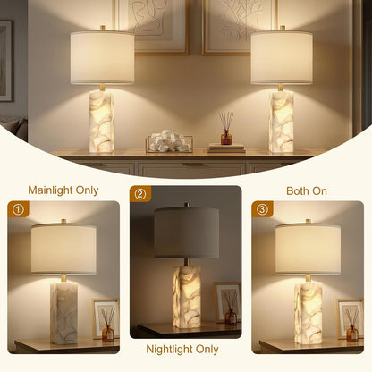 23" Alabaster Table Lamp Set of 2 with Night Light for Living Room | Rotary Switch Bedside Lamp with Linen Shade for Bedroom, Modern Nightstand Lamps for Room Office Dorm (Bulb Included)3