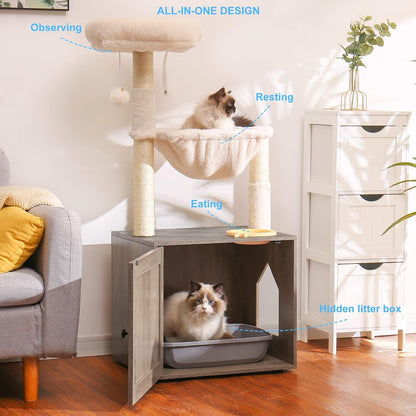 Hey-Brother Cat Tree Tower, Litter Box Enclosure, Food Station, MPJ100SG | 47.24 Inches Wooden All-In-One Cat House, Large Hammock, Bed, Scratching Posts, Modern Style for Indoor Cats, Rustic Gray2