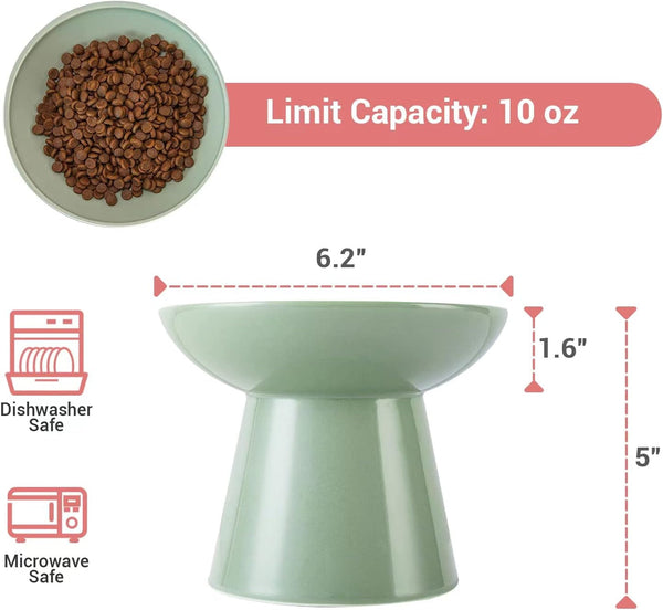 CEEFU Extra Wide Elevated Ceramic 6.2" Shallow Cat Food Bowl | Cat Dish for Whisker Fatigue Relief, 5" Height for Easy Feeding, Lead & Cadmium Free, Durable Raised Cat Bowl, Sage Green6