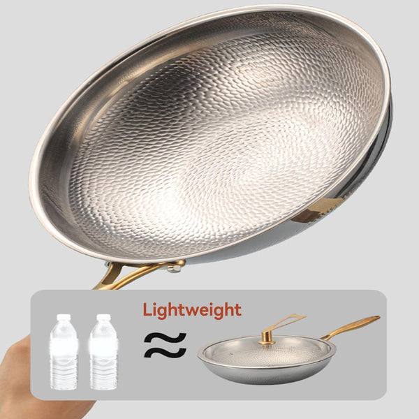 Titanium Hammered Wok Pure with Lid, No Coating Non-Stick Titanium Cookware, Frying Pans, Ultra-Durable, Scratch-Resistant, Even Heating Frying Pans with All Cooktops,13.39In3
