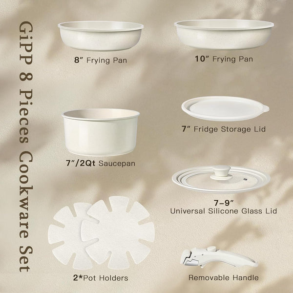 Ceramic Pots and Pans Set Non Stick, Nonstick Detachable Handle Cookware Sets, Healthy Non Toxic PFAS PFOA & PTFE Free, Dishwasher ＆Oven Safe, Induction Kitchen Pot and Pan, 8 Piece Cream2