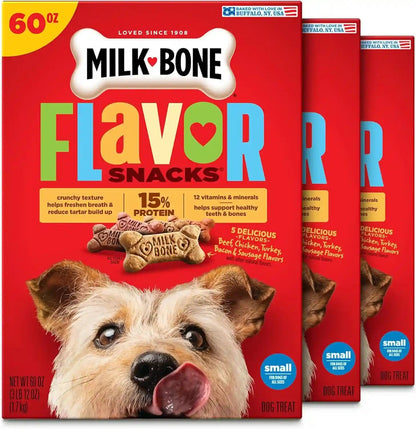 Milk-Bone Flavor Snacks Mini’S Dog Biscuits, Flavored Crunchy Dog Treats, 36 Oz. Canister | 5 Calories per Treat, 15% Protein, 3 Flavors per Canister (Beef, Chicken & Bacon, Naturally & Artificially Flavored)12