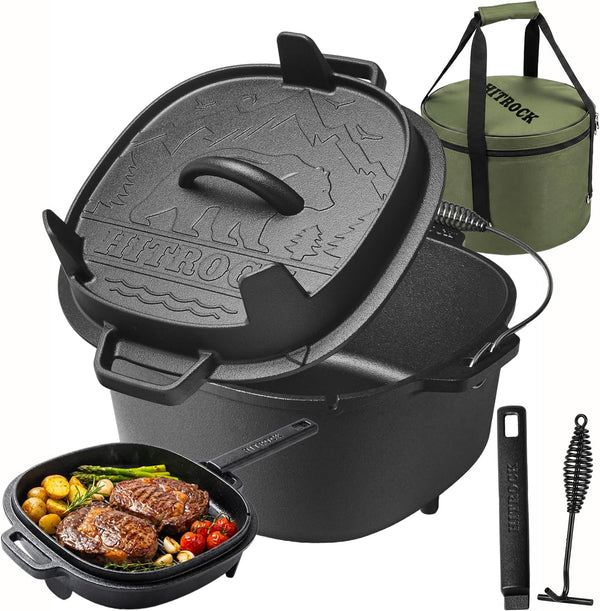 Cast Iron Camp Dutch Oven with Legs 9QT, Pre-Seasoned Camping Dutch Oven with Lid, Outdoor Pot with Lid Lifter, Storage Bag & Handle for Camping, Baking, Grilling, Rounded-Square Shape1
