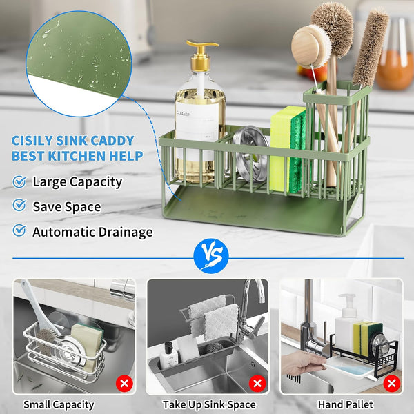 Kitchen Sink Caddy, Sponge Holder for Kitchen Sink, Kitchen Sink Organzier and Storage with High Brush Holder, 304 Stainless Gadgets Sink Accessories, Organizadores De Cocina Sage Green2