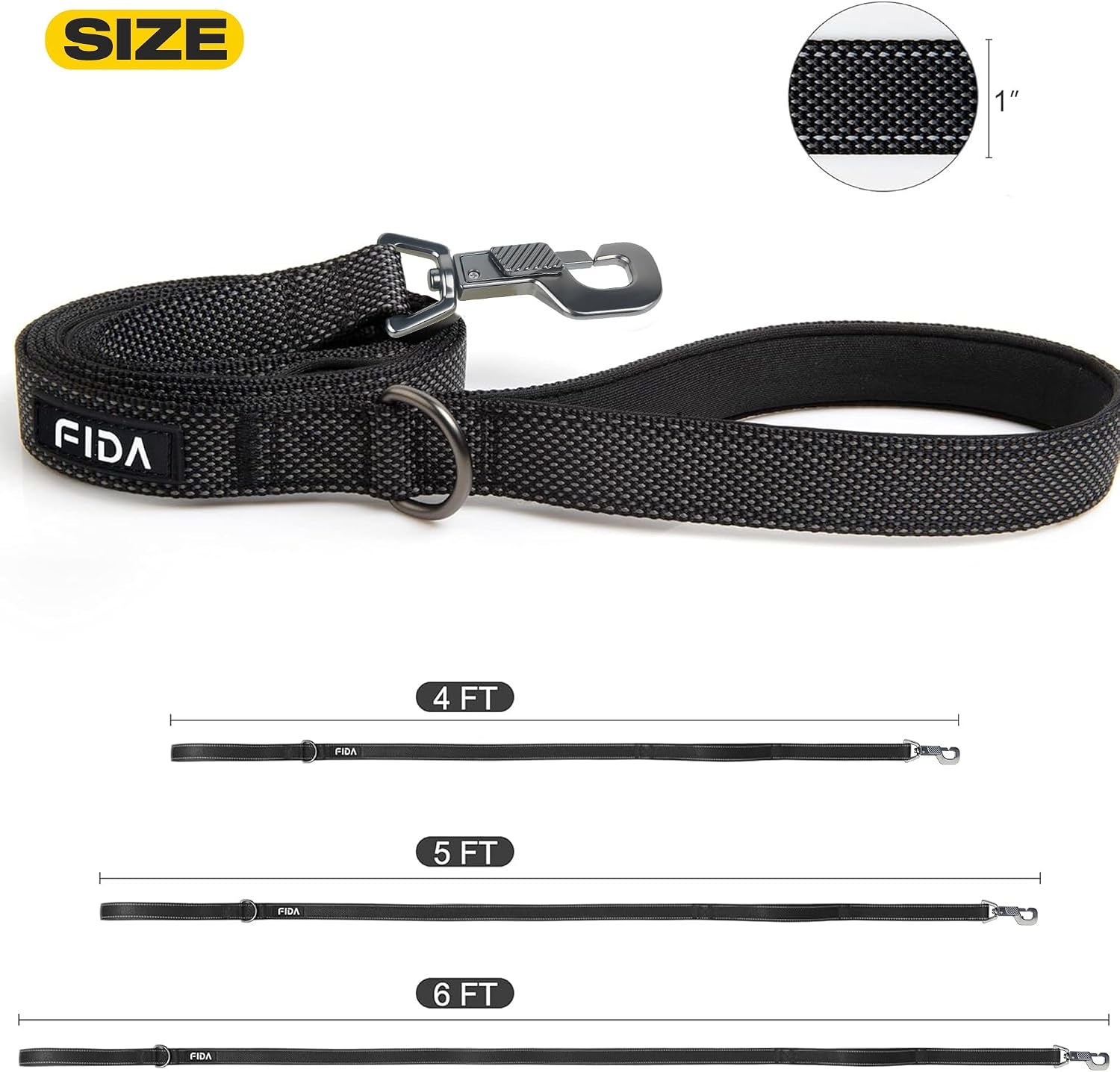 fida-4-ft-heavy-duty-dog-leash-with-2-comfortable-padded-handles-traffic-handle-advanced-easy-snap-hook-reflective-walking-lead-for-large-medium-small-breed-dogs-4-ft-x-1-wide-black