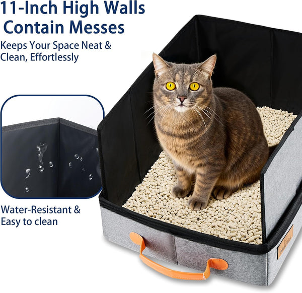 MORAIS Portable Travel Litter Box for Cats, 17.7"×13.5"×11" Collapsible Cat Litter Box with Lid, Leak-Proof Cat Litter Pan for Car Hotel Airplane, Waterproof & Easy to Carry- Gray9
