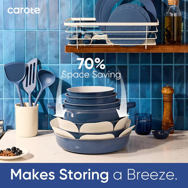 27Pcs Ceramic Cookware Set, Pots and Pans Set with Detachable Handle | Non-Stick, Non-Toxic, PFAS and PFOA Free, Induction Compatible, Dishwasher & Oven Safe, Space Saving, Camping Cooking, Blue4