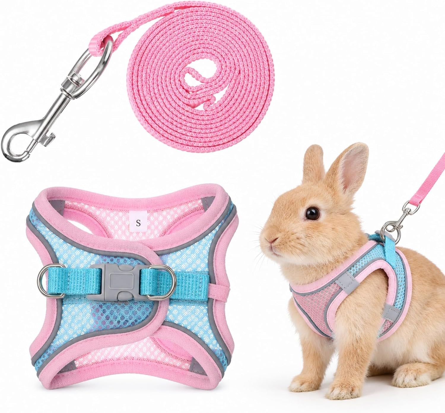 bunny-harness-and-leash-set-breathable-pet-rabbit-harness-and-leash-set-soft-rabbit-leashes-reflective-strips-jacket-escape-proof-walking-gear-for-rabbits-small-kitten-puppy-guinea-pigs-pink-xxs