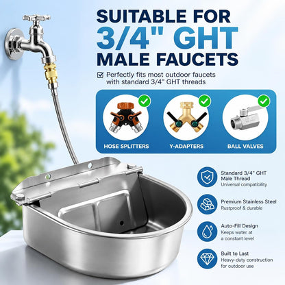 BWOGUE Automatic Water Dispenser for Dogs,1Gal Outdoor Automatic Water Bowl | Outdoor Dog Water Dispenser with Float Valve, Stainless Steel Bowl, 1/2 in & 3/4 in Faucet Fit, Wall/Ground Use,Dogs,Chickens6