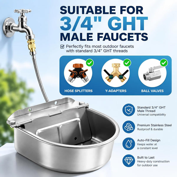 BWOGUE Automatic Water Dispenser for Dogs,1Gal Outdoor Automatic Water Bowl | Outdoor Dog Water Dispenser with Float Valve, Stainless Steel Bowl, 1/2 in & 3/4 in Faucet Fit, Wall/Ground Use,Dogs,Chickens6