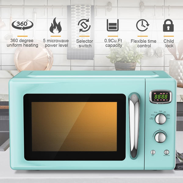 Retro Microwave 0.9Cu.Ft, 900W Countertop Microwave Oven W/5 Power Level, Defrost & Auto Cooking, LED Display, Pull Handle, Easy Clean Stainless Steel Interior, Child Lock, ETL Certification | 5 Power Level, Defrost & Auto Cooking, LED Display, Easy Clean Stainless Steel Interior, Child Lock, ETL Certification2