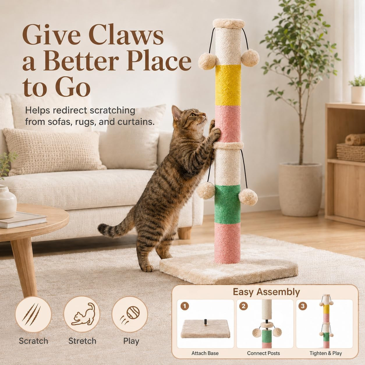 30-inch-high-cat-scratching-post-with-4-plush-teasing-toy-balls-natural-sisal-rope-post-and-thickened-base-red-green-yellow-white
