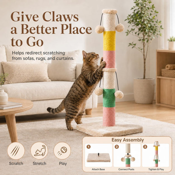 30 Inch High Cat Scratching Post with 4 Plush Teasing Toy Balls, Natural Sisal Rope Post and Thickened Base, Red Green Yellow White6