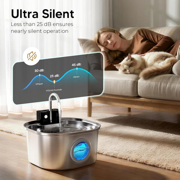 Voluas Stainless Steel Cat Water Fountain, Wireless, 108Oz/3.2L, 1 Filter | Cordless Design, Ultra-Quiet Pump, Easy to Clean, Bpa-Free3