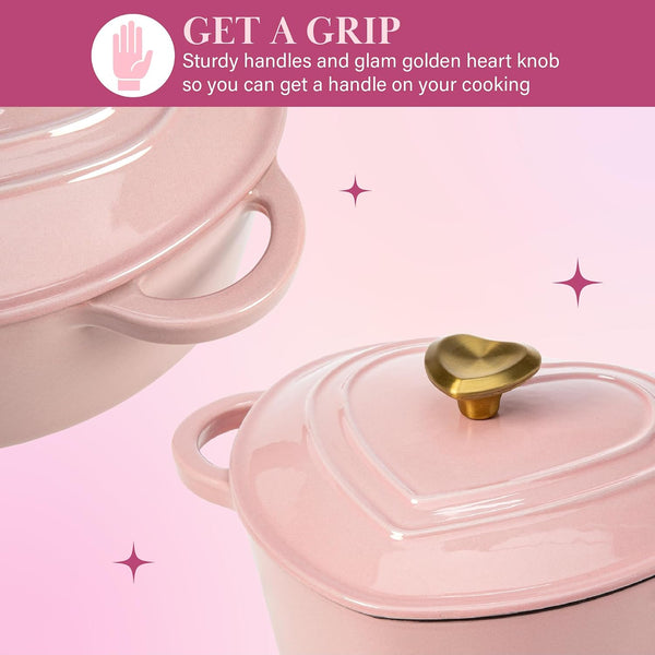 Enameled Cast Iron Dutch Oven Pot with Lid, Heart-Shaped Dutch Oven, Durable Cast Iron Pot with Dual Handles, Oven Safe to 500°F, Works on All Stovetops, 4-Quart, Pink4